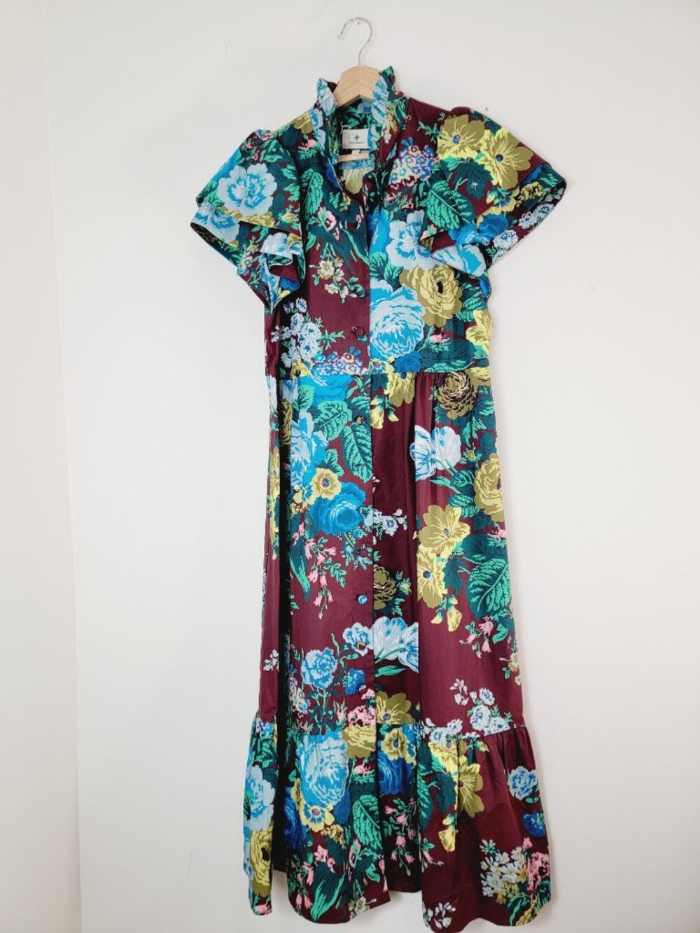 Tuckernuck Floral Alice Ruffle Puff Sleeve Front Full Button Midi Dress Size S - Picture 2 of 9